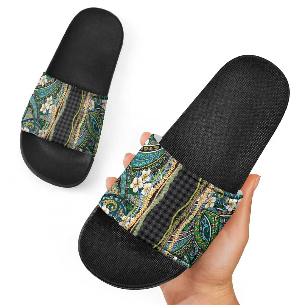 Hawaiian Art Flower Tribal with Lei Slide Sandals Palaka Pattern Black Color - Polynesian Pride