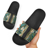 Hawaiian Art Flower Tribal with Lei Slide Sandals Palaka Pattern Black Color - Polynesian Pride