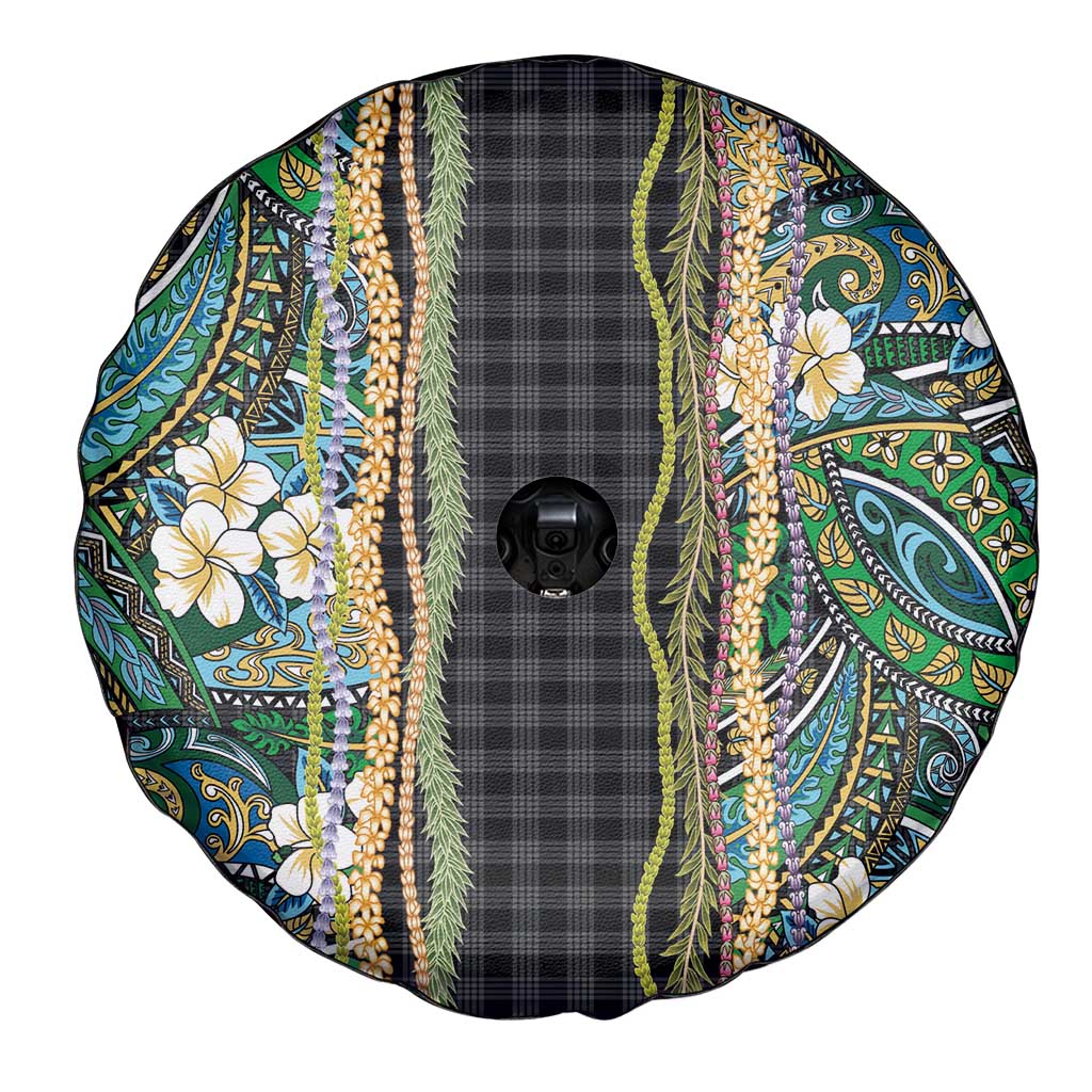 Hawaiian Art Flower Tribal with Lei Spare Tire Cover Palaka Pattern Black Color LT03 - Polynesian Pride