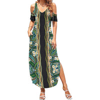 Hawaiian Art Flower Tribal with Lei Summer Maxi Dress Palaka Pattern Black Color LT03 Women Black - Polynesian Pride