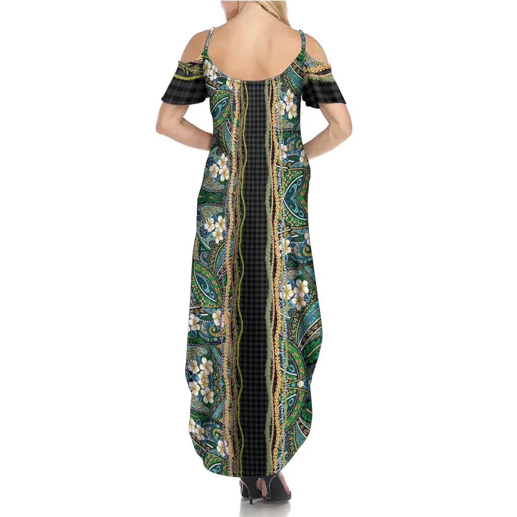 Hawaiian Art Flower Tribal with Lei Summer Maxi Dress Palaka Pattern Black Color LT03 - Polynesian Pride