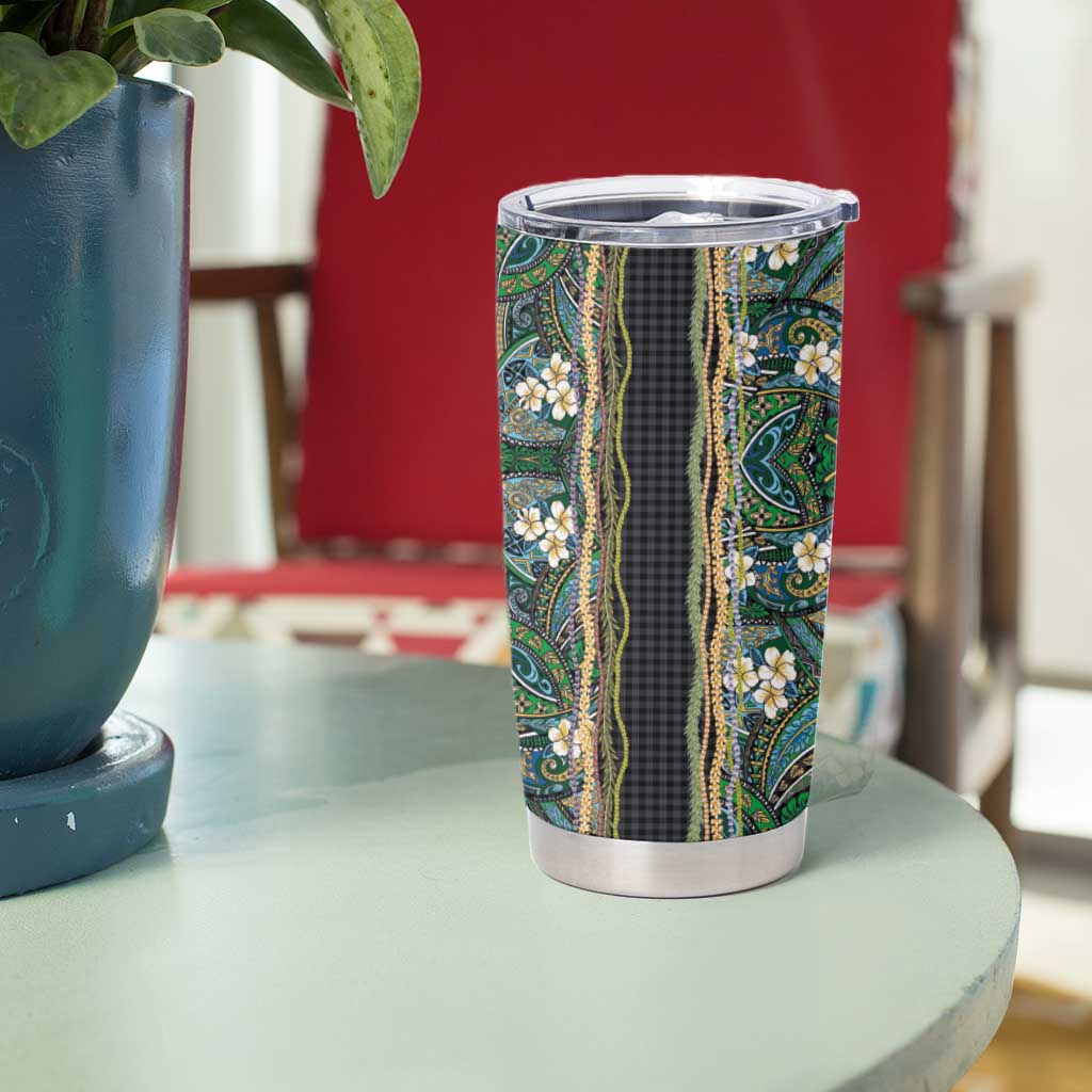 Hawaiian Art Flower Tribal with Lei Tumbler Cup Palaka Pattern Black Color - Polynesian Pride