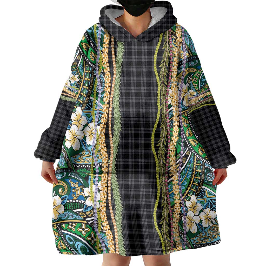 Hawaiian Art Flower Tribal with Lei Wearable Blanket Hoodie Palaka Pattern Black Color - Polynesian Pride