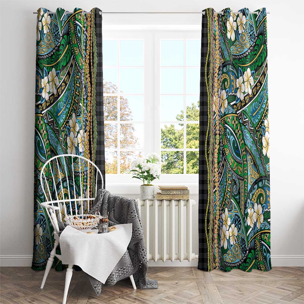 Hawaiian Art Flower Tribal with Lei Window Curtain Palaka Pattern Black Color - Polynesian Pride