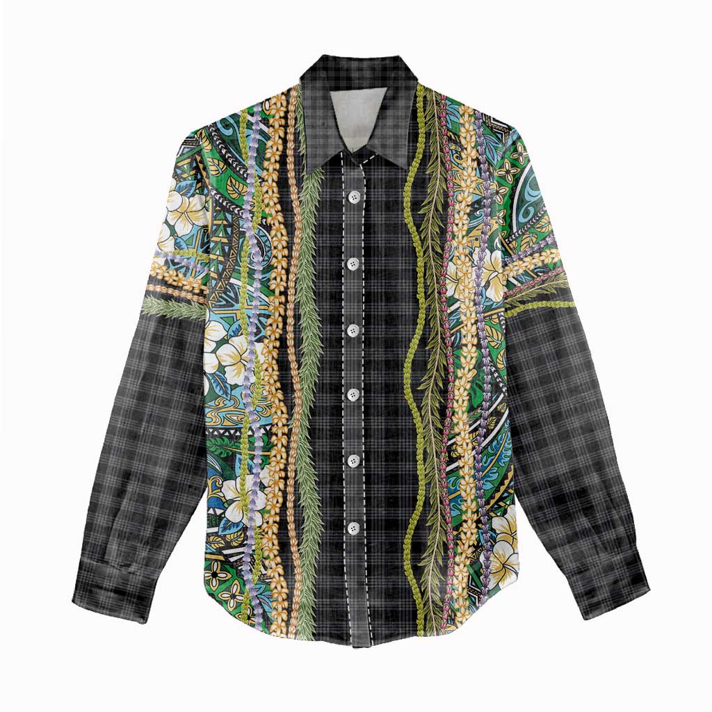 Hawaiian Art Flower Tribal with Lei Women Casual Shirt Palaka Pattern Black Color LT03 - Polynesian Pride
