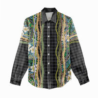 Hawaiian Art Flower Tribal with Lei Women Casual Shirt Palaka Pattern Black Color LT03 - Polynesian Pride