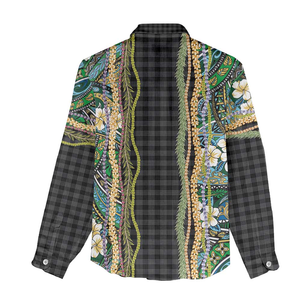 Hawaiian Art Flower Tribal with Lei Women Casual Shirt Palaka Pattern Black Color LT03 - Polynesian Pride