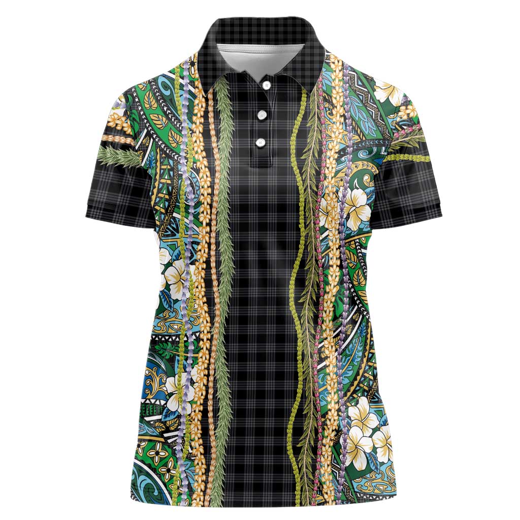 Hawaiian Art Flower Tribal with Lei Women Polo Shirt Palaka Pattern Black Color LT03 Female Black - Polynesian Pride