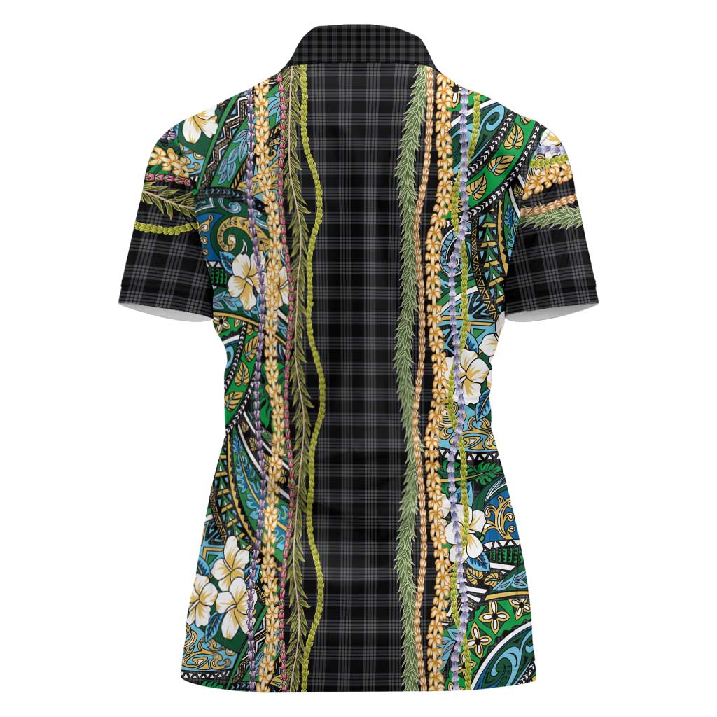 Hawaiian Art Flower Tribal with Lei Women Polo Shirt Palaka Pattern Black Color LT03 - Polynesian Pride