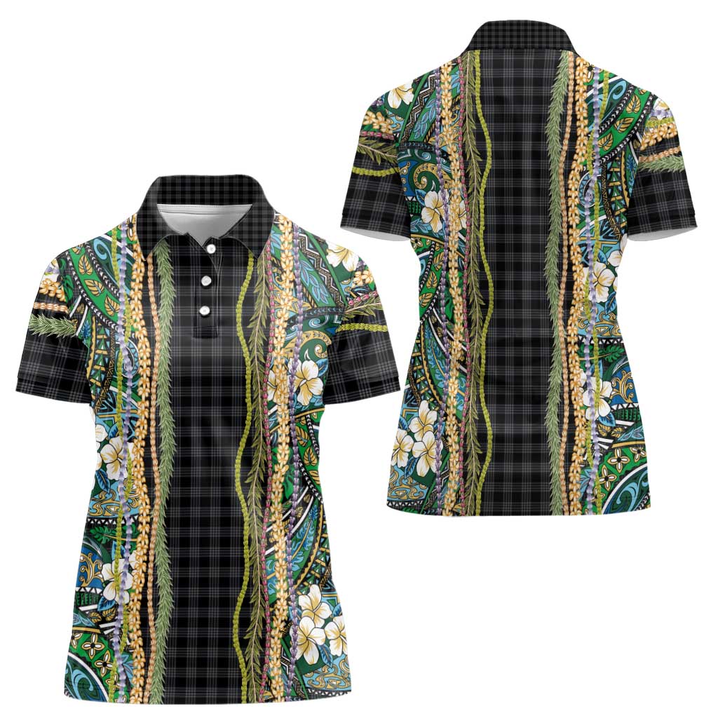 Hawaiian Art Flower Tribal with Lei Women Polo Shirt Palaka Pattern Black Color LT03 - Polynesian Pride