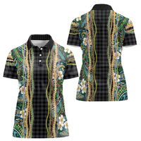 Hawaiian Art Flower Tribal with Lei Women Polo Shirt Palaka Pattern Black Color LT03 - Polynesian Pride
