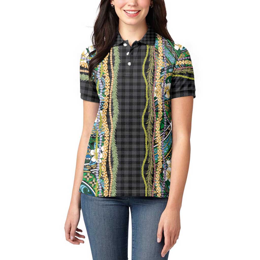 Hawaiian Art Flower Tribal with Lei Women Polo Shirt Palaka Pattern Black Color LT03 - Polynesian Pride