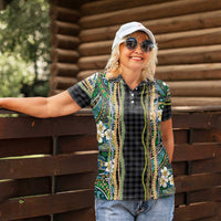 Hawaiian Art Flower Tribal with Lei Women Polo Shirt Palaka Pattern Black Color LT03 - Polynesian Pride