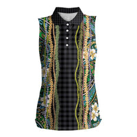 Hawaiian Art Flower Tribal with Lei Women Sleeveless Polo Shirt Palaka Pattern Black Color LT03 Female Black - Polynesian Pride