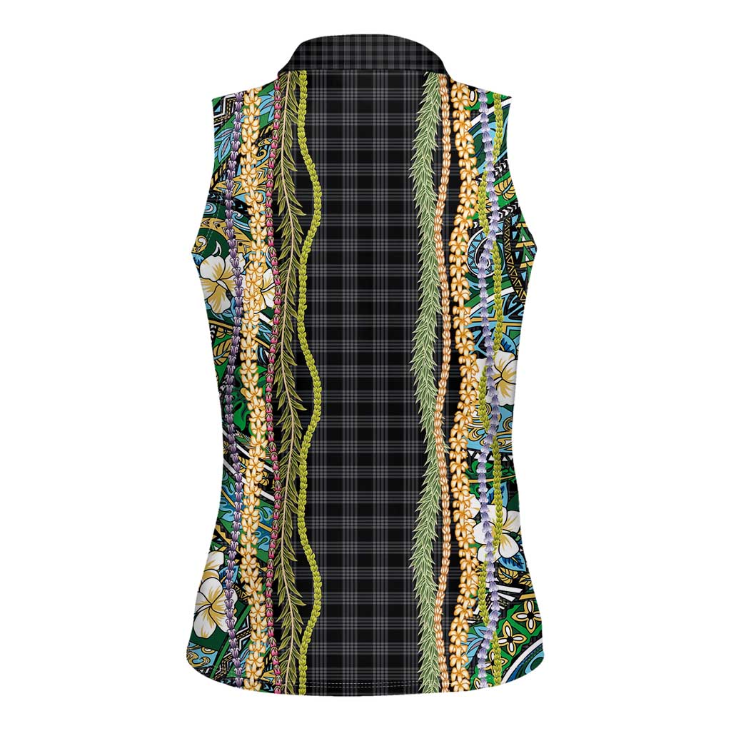 Hawaiian Art Flower Tribal with Lei Women Sleeveless Polo Shirt Palaka Pattern Black Color LT03 - Polynesian Pride
