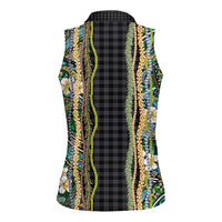 Hawaiian Art Flower Tribal with Lei Women Sleeveless Polo Shirt Palaka Pattern Black Color LT03 - Polynesian Pride