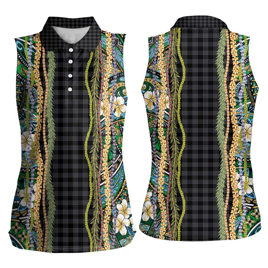 Hawaiian Art Flower Tribal with Lei Women Sleeveless Polo Shirt Palaka Pattern Black Color LT03 - Polynesian Pride