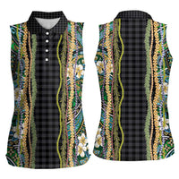 Hawaiian Art Flower Tribal with Lei Women Sleeveless Polo Shirt Palaka Pattern Black Color LT03 - Polynesian Pride