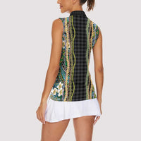 Hawaiian Art Flower Tribal with Lei Women Sleeveless Polo Shirt Palaka Pattern Black Color LT03 - Polynesian Pride