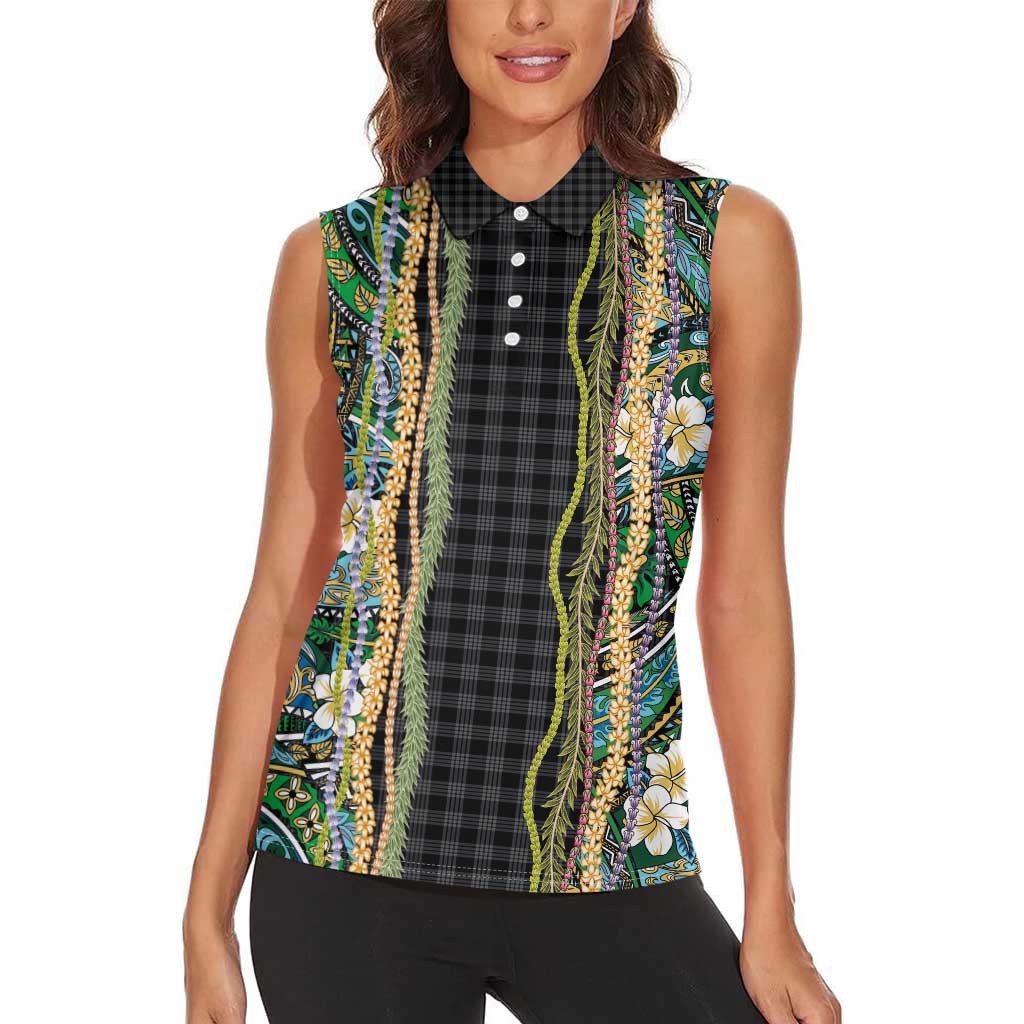 Hawaiian Art Flower Tribal with Lei Women Sleeveless Polo Shirt Palaka Pattern Black Color LT03 - Polynesian Pride