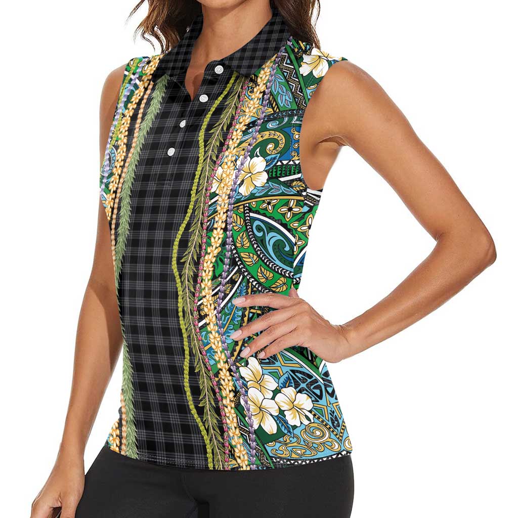 Hawaiian Art Flower Tribal with Lei Women Sleeveless Polo Shirt Palaka Pattern Black Color LT03 - Polynesian Pride
