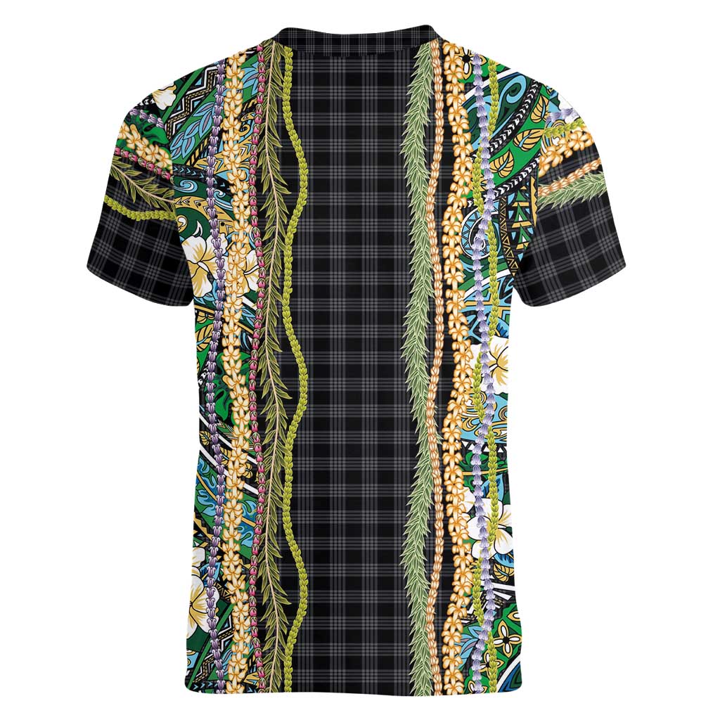 Hawaiian Art Flower Tribal with Lei Women V-Neck T-Shirt Palaka Pattern Black Color LT03 - Polynesian Pride