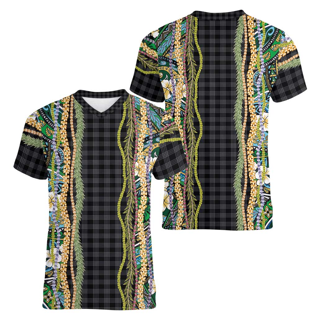 Hawaiian Art Flower Tribal with Lei Women V-Neck T-Shirt Palaka Pattern Black Color LT03 - Polynesian Pride