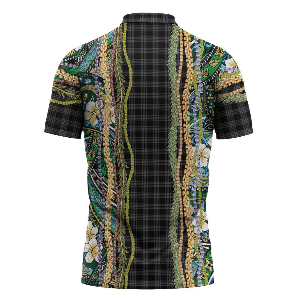 Hawaiian Art Flower Tribal with Lei Zipper Polo Shirt Palaka Pattern Black Color - Polynesian Pride