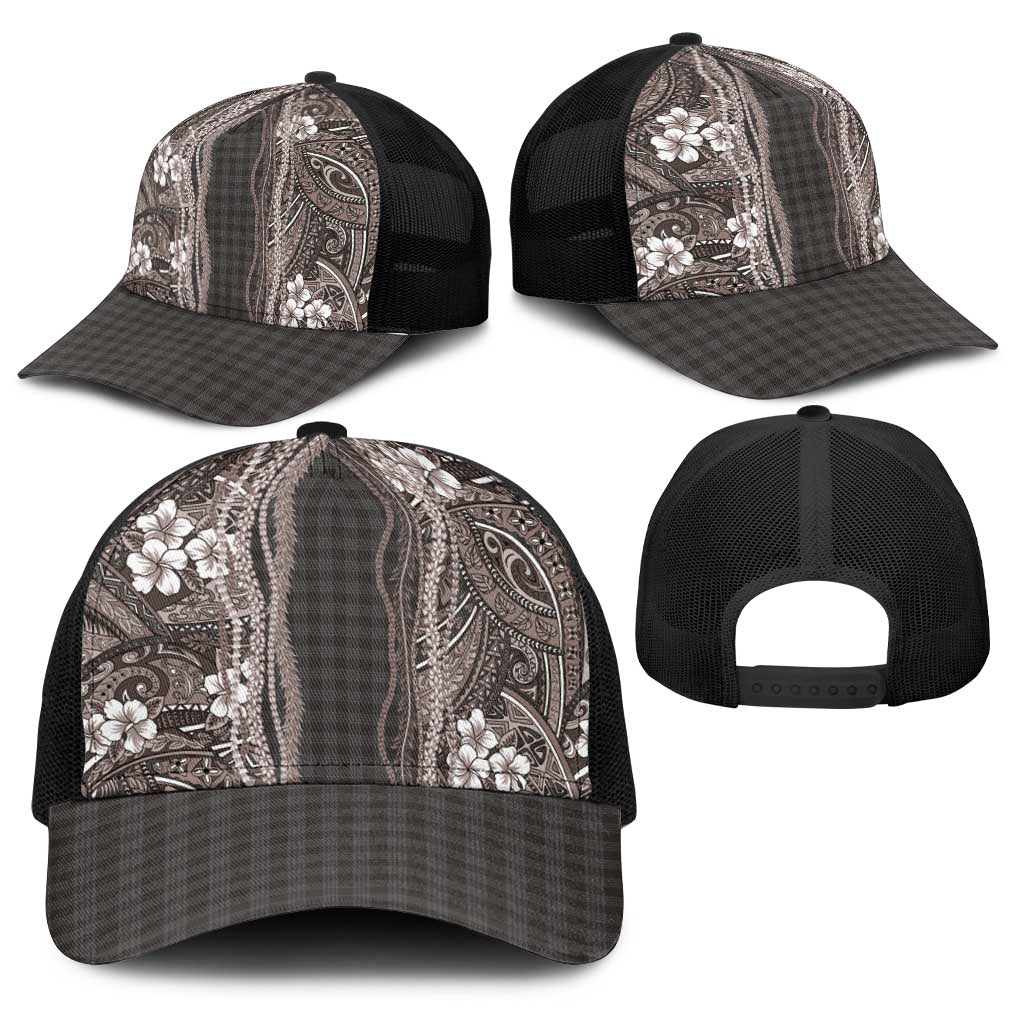 Hawaiian Art Flower Tribal with Lei Baseball Net Cap Palaka Pattern Grayscale - Polynesian Pride