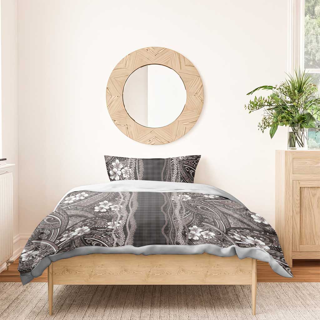 Hawaiian Art Flower Tribal with Lei Bedding Set Palaka Pattern Grayscale - Polynesian Pride