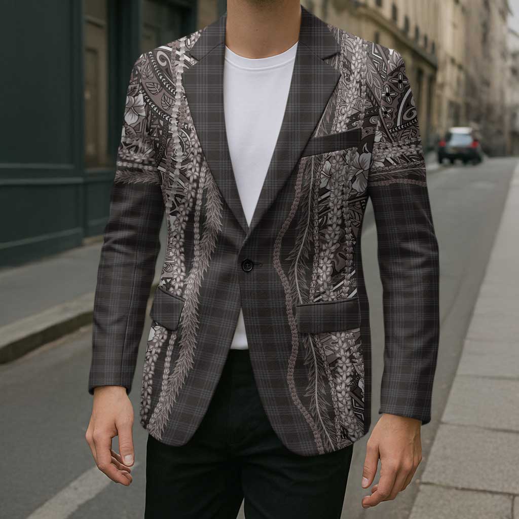 Hawaiian Art Flower Tribal with Lei Blazer Palaka Pattern Grayscale - Polynesian Pride