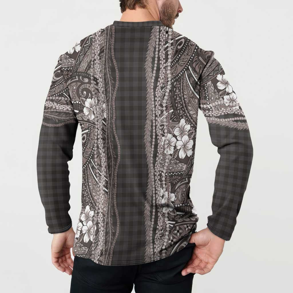 Hawaiian Art Flower Tribal with Lei Button Sweatshirt Palaka Pattern Grayscale - Polynesian Pride