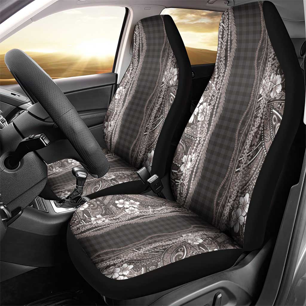 Hawaiian Art Flower Tribal with Lei Car Seat Cover Palaka Pattern Grayscale - Polynesian Pride