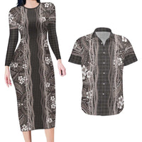 Hawaiian Art Flower Tribal with Lei Couples Matching Long Sleeve Bodycon Dress and Hawaiian Shirt Palaka Pattern Grayscale LT03 Gray - Polynesian Pride
