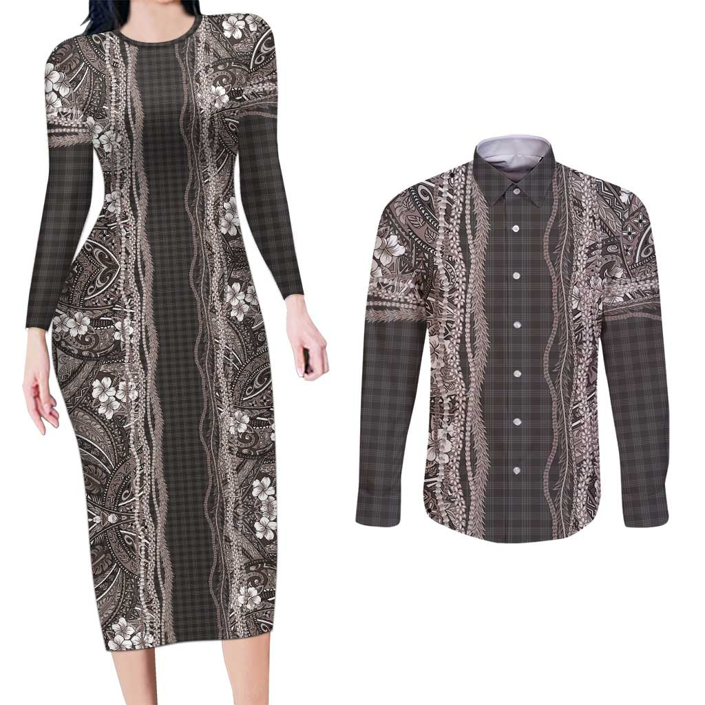 Hawaiian Art Flower Tribal with Lei Couples Matching Long Sleeve Bodycon Dress and Long Sleeve Button Shirt Palaka Pattern Grayscale LT03 Gray - Polynesian Pride