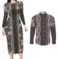 Hawaiian Art Flower Tribal with Lei Couples Matching Long Sleeve Bodycon Dress and Long Sleeve Button Shirt Palaka Pattern Grayscale LT03 Gray - Polynesian Pride