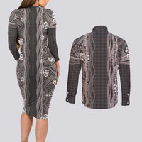 Hawaiian Art Flower Tribal with Lei Couples Matching Long Sleeve Bodycon Dress and Long Sleeve Button Shirt Palaka Pattern Grayscale LT03 - Polynesian Pride