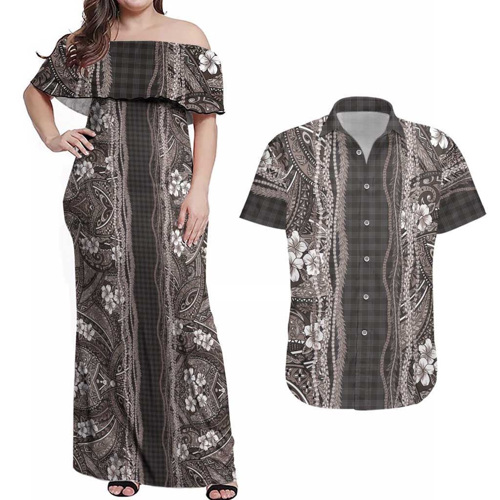 Hawaiian Art Flower Tribal with Lei Couples Matching Off Shoulder Maxi Dress and Hawaiian Shirt Palaka Pattern Grayscale LT03 Gray - Polynesian Pride