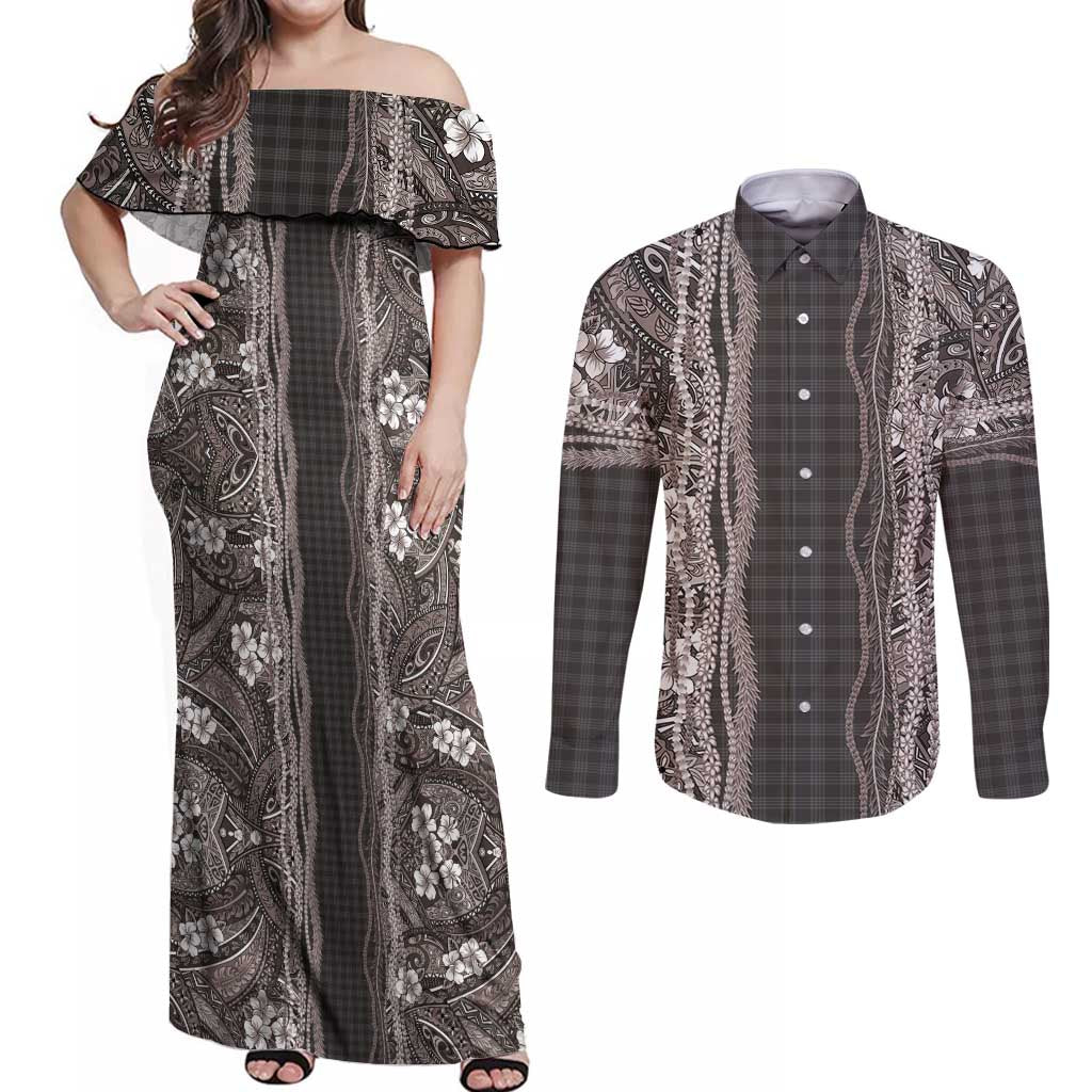 Hawaiian Art Flower Tribal with Lei Couples Matching Off Shoulder Maxi Dress and Long Sleeve Button Shirt Palaka Pattern Grayscale LT03 Gray - Polynesian Pride