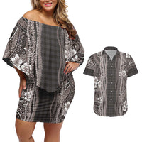 Hawaiian Art Flower Tribal with Lei Couples Matching Off Shoulder Short Dress and Hawaiian Shirt Palaka Pattern Grayscale LT03 Gray - Polynesian Pride