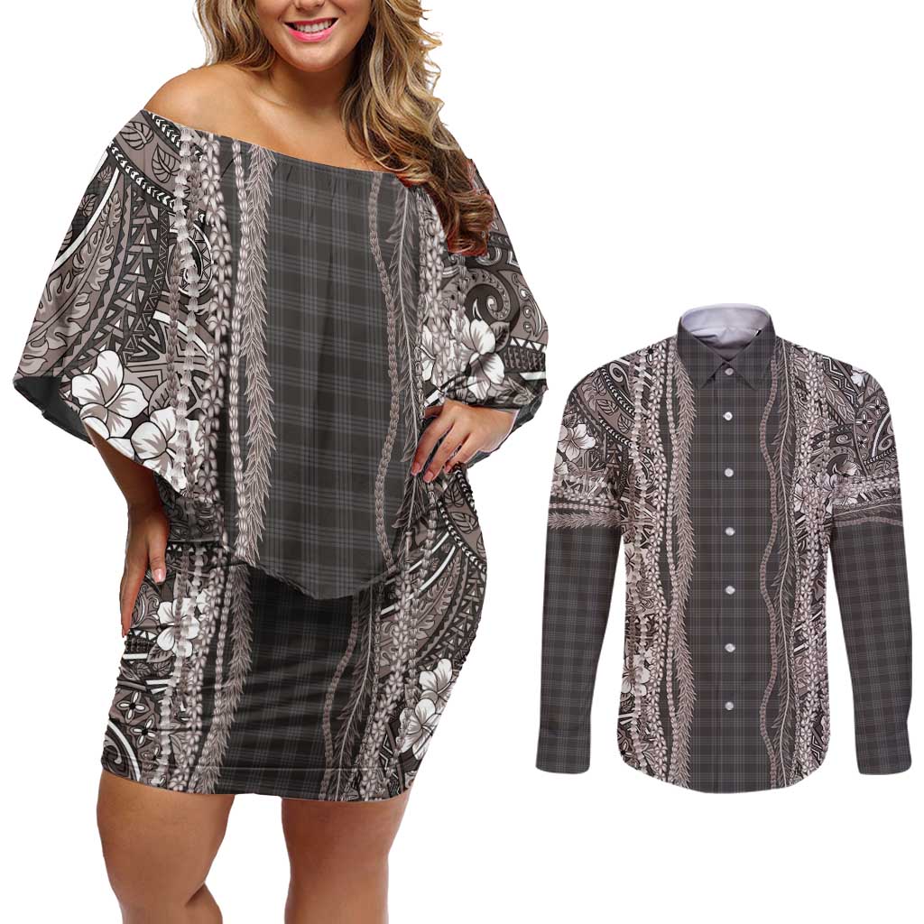 Hawaiian Art Flower Tribal with Lei Couples Matching Off Shoulder Short Dress and Long Sleeve Button Shirt Palaka Pattern Grayscale LT03 Gray - Polynesian Pride