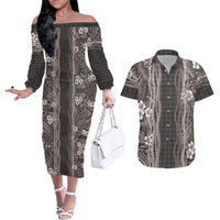 Hawaiian Art Flower Tribal with Lei Couples Matching Off The Shoulder Long Sleeve Dress and Hawaiian Shirt Palaka Pattern Grayscale LT03 Gray - Polynesian Pride