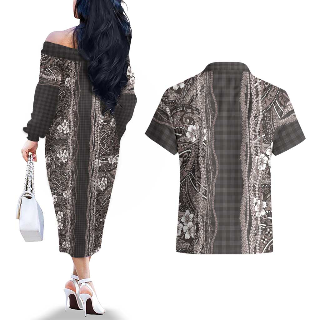 Hawaiian Art Flower Tribal with Lei Couples Matching Off The Shoulder Long Sleeve Dress and Hawaiian Shirt Palaka Pattern Grayscale LT03 - Polynesian Pride