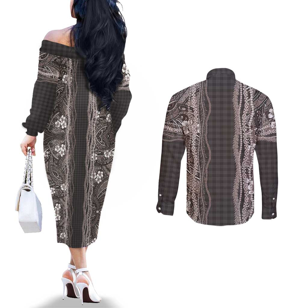 Hawaiian Art Flower Tribal with Lei Couples Matching Off The Shoulder Long Sleeve Dress and Long Sleeve Button Shirt Palaka Pattern Grayscale LT03 - Polynesian Pride