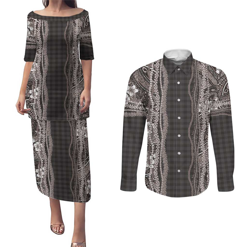 Hawaiian Art Flower Tribal with Lei Couples Matching Puletasi and Long Sleeve Button Shirt Palaka Pattern Grayscale LT03 Gray - Polynesian Pride