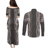 Hawaiian Art Flower Tribal with Lei Couples Matching Puletasi and Long Sleeve Button Shirt Palaka Pattern Grayscale - Polynesian Pride