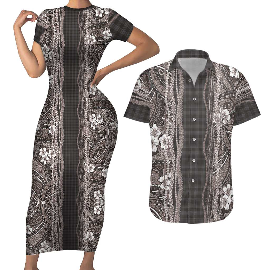 Hawaiian Art Flower Tribal with Lei Couples Matching Short Sleeve Bodycon Dress and Hawaiian Shirt Palaka Pattern Grayscale LT03 Gray - Polynesian Pride