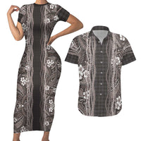 Hawaiian Art Flower Tribal with Lei Couples Matching Short Sleeve Bodycon Dress and Hawaiian Shirt Palaka Pattern Grayscale LT03 Gray - Polynesian Pride