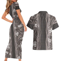 Hawaiian Art Flower Tribal with Lei Couples Matching Short Sleeve Bodycon Dress and Hawaiian Shirt Palaka Pattern Grayscale LT03 - Polynesian Pride