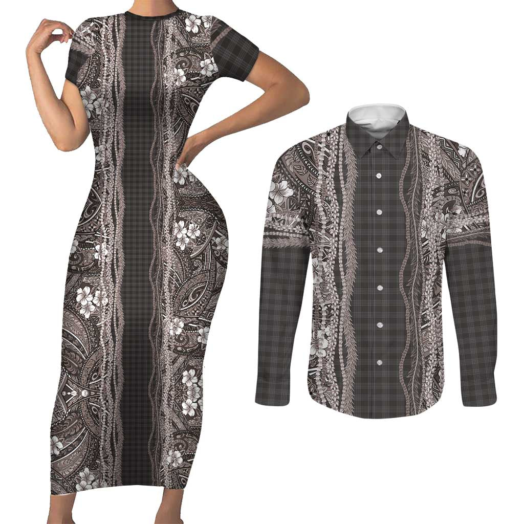 Hawaiian Art Flower Tribal with Lei Couples Matching Short Sleeve Bodycon Dress and Long Sleeve Button Shirt Palaka Pattern Grayscale LT03 Gray - Polynesian Pride